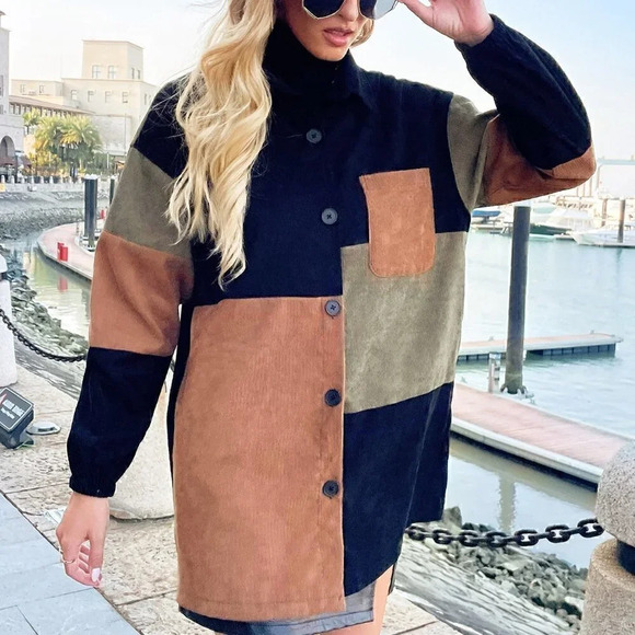 Multicolor Casual Womens Cut And Sew Drop Shoulder Corduroy Coat - Picture 3 of 5